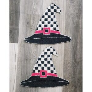 Halloween Witch Hat Beaded Placemat Placemats Charger 15" Checkered Black Pink 2